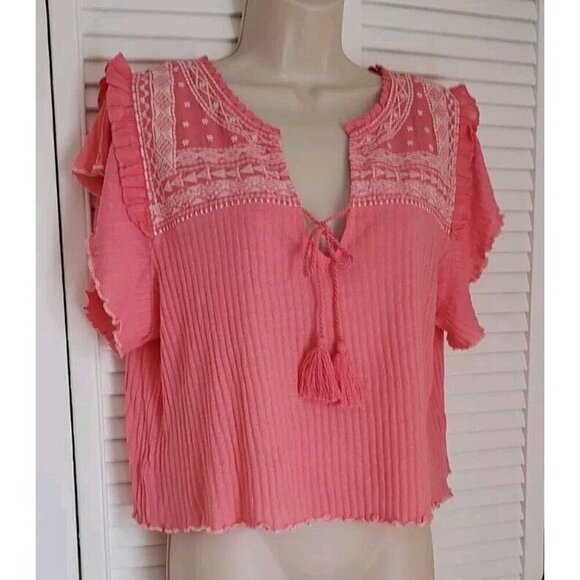 NEW FREE PEOPLE SARAFINA PEACH LEMONADE COMBO EMBROIDERED TASSEL TOP SZ MEDIUM - Picture 3 of 10